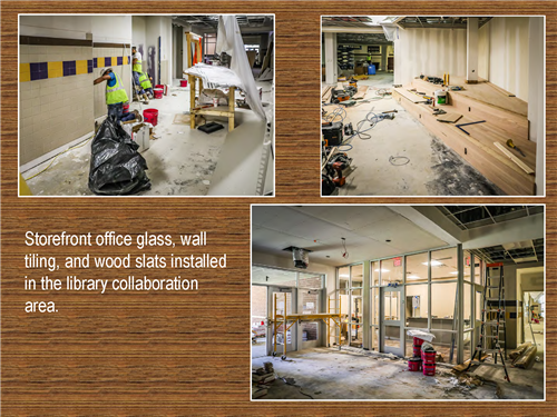 Three photos of storefront office glass, wall tiling and wood slats installed in the library collaboration area. 